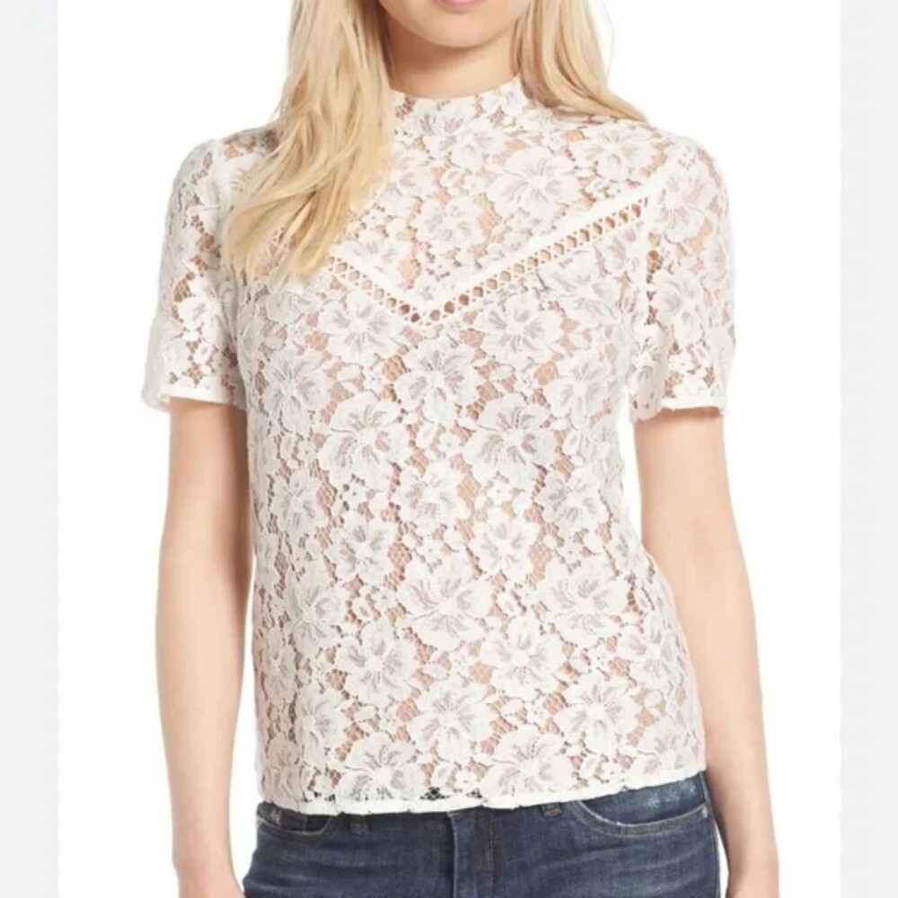 WAYF Greyson Cream Lace Short Sleeve Blouse S Beige